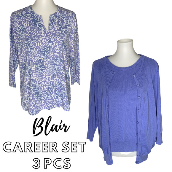 Cathy BASICS Tops - Women's Coordinating 3PC Careerwear Sweater Top Set Periwinkle Blue L